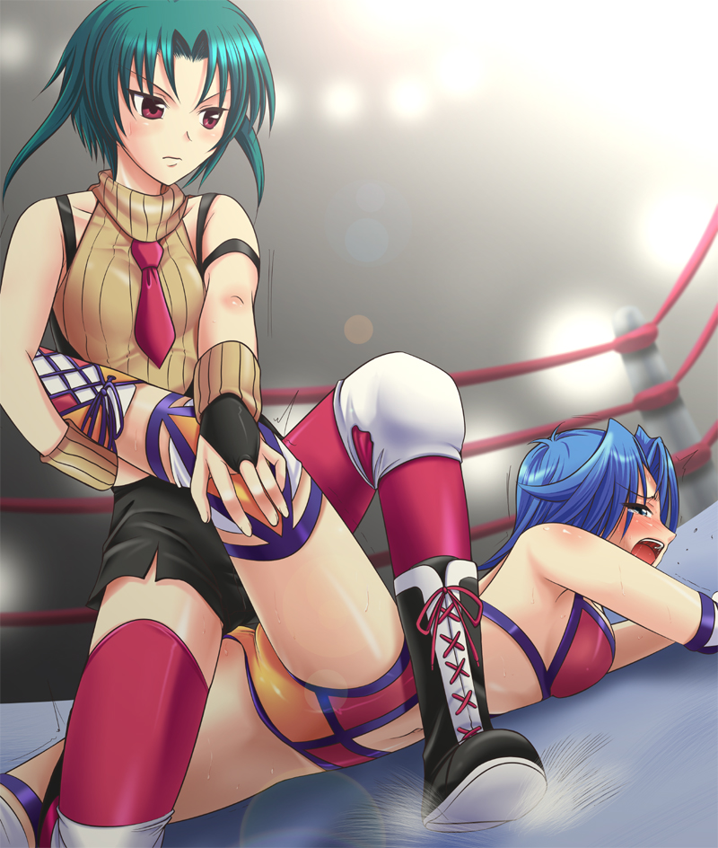 2girls, ass, blue_eyes, blue_hair, blush, boots, digdug006, green_hair, lace-up_boots, leotard, lips, matching_hair/eyes, multiple_girls, necktie, ogawa_hikaru, open_mouth, pain, red_eyes, short_hair, sleeveless, sleeveless_turtleneck, submission_hold, sugiura_mitsuki, thighhighs, thighs, turtleneck, wrestle_angels, wrestle_angels_survivor, wrestle_angels_survivor_2, wrestling, wrestling_outfit, wrestling_ring