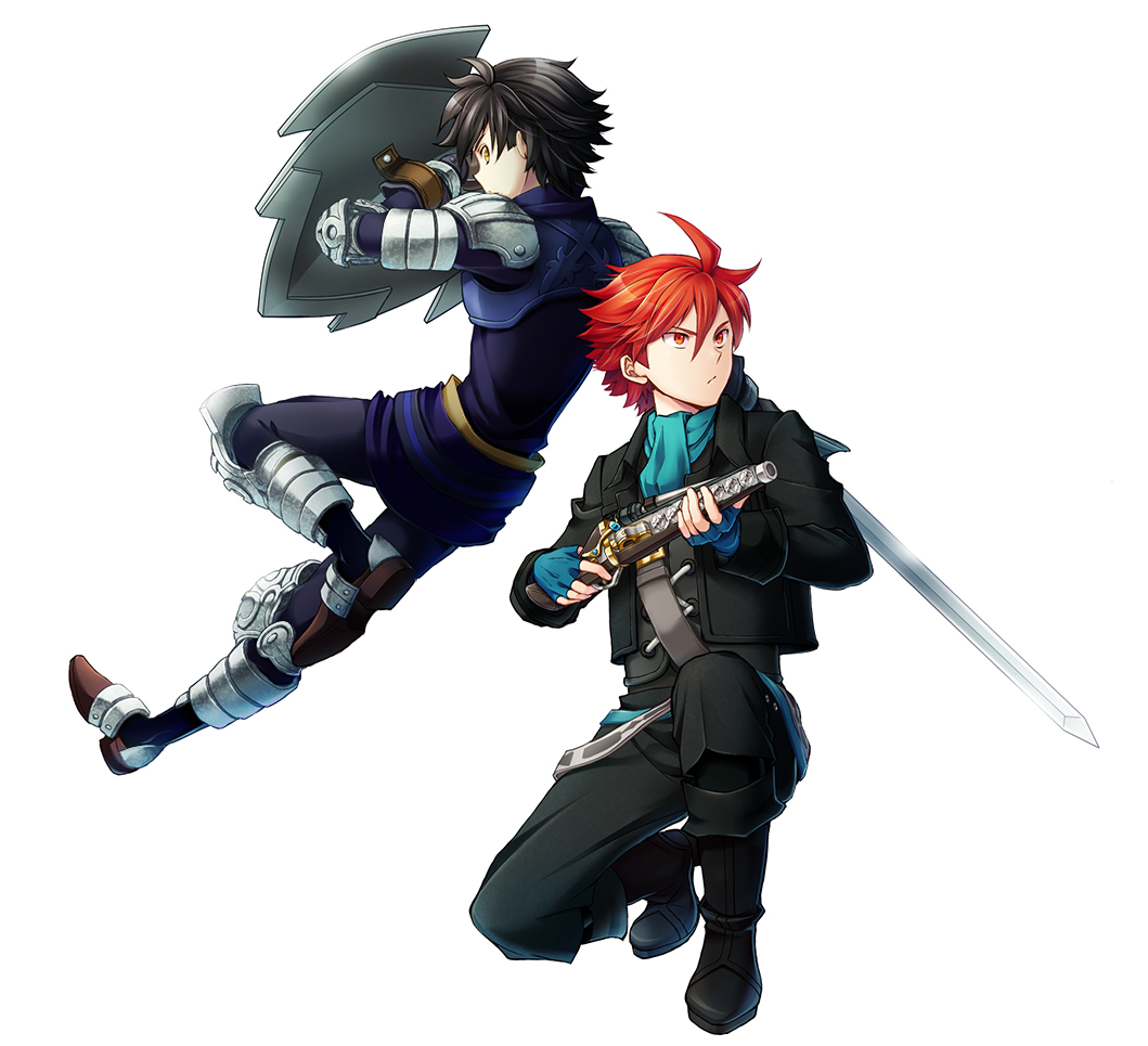 2boys, ahoge, back, black_hair, boots, fighter_(grand_kingdom), fingerless_gloves, gloves