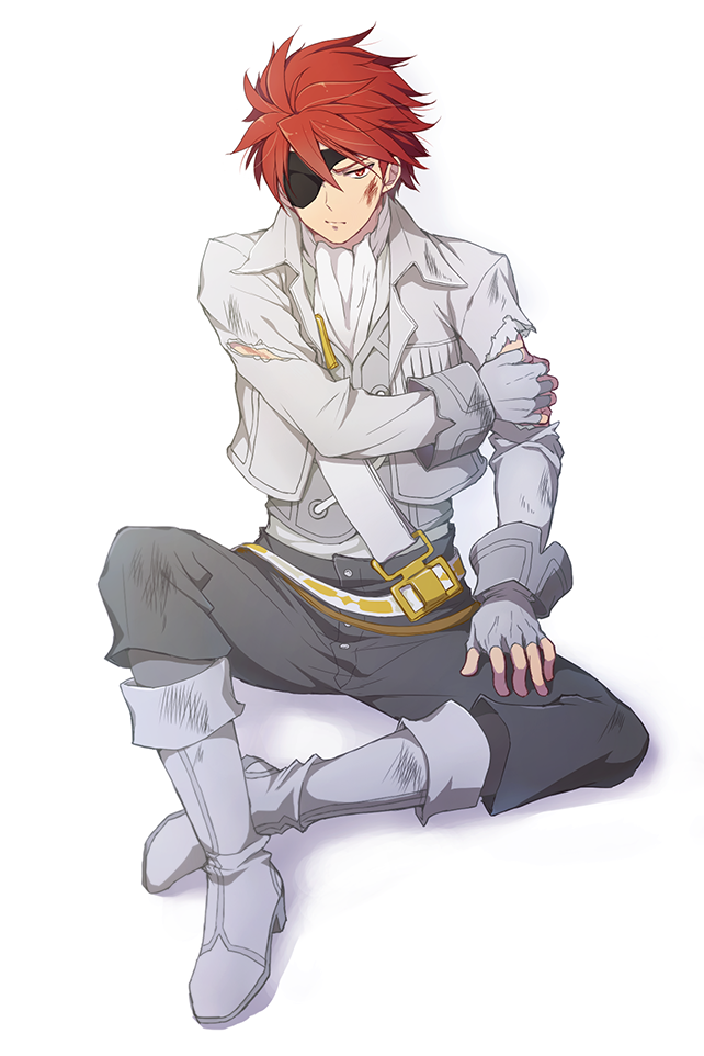1boy, belt, boots, eyepatch, fingerless_gloves, gloves, grand_kingdom, gunner_(grand_kingdom), injury, jacket, male_focus, no_s, red_eyes, red_hair, simple_background, sitting, solo, white_background