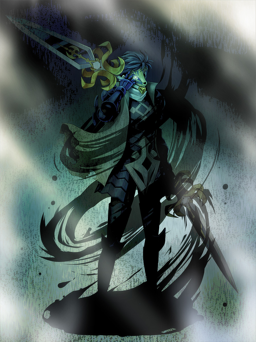 1boy, armor, blue_hair, dark_knight_(grand_kingdom), gloves, glowing, glowing_eye, grand_kingdom