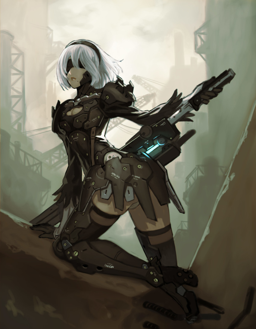 1girl, 2b_(nier:automata), absurdres, blindfold, breasts, cleavage, company_connection, cosplay, female_focus, hairband, highres, metal_gear_(series), metal_gear_rising:_revengeance, mole, mole_under_mouth, nier:automata, nier_(series), parted_lips, raiden_(cosplay), raiden_(metal_gear), solo, sword, weapon, white_hair, yoshimura_ken'ichirou