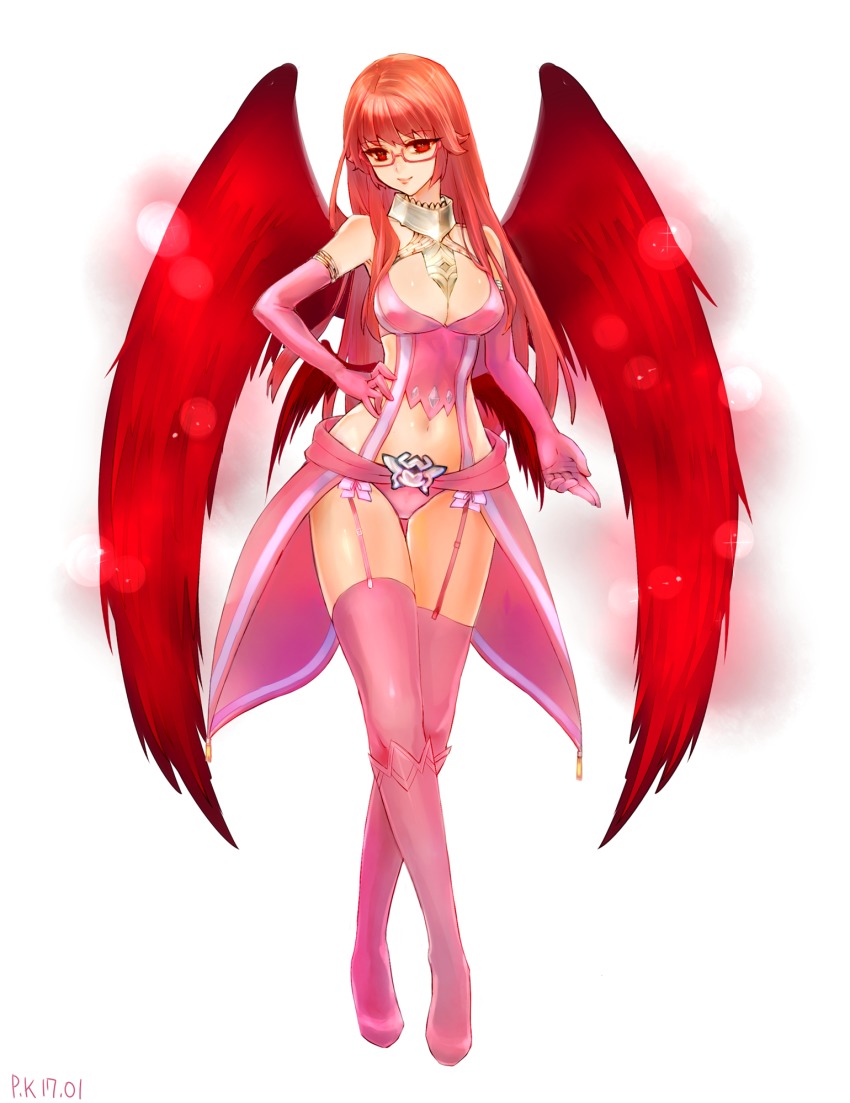 1girl, angel_wings, bad_id, bad_pixiv_id, bare_shoulders, breasts, cleavage, dirjiland_(mabinogi), elbow_gloves, female_focus, garter_straps, glasses, gloves, hand_on_own_hip, highres, large_breasts, long_hair, looking_at_viewer, low_wings, mabinogi, midriff, multiple_wings, navel, original, pink_thighhighs, player_character_(mabinogi), pukel, red_eyes, red_hair, red_wings, revealing_clothes, smile, solo, thighhighs, wings