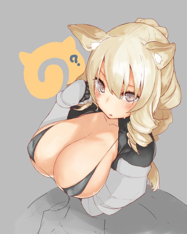 10s, 1girl, ?, animal_ears, bikini, black_bikini, blonde_hair, blush, breast_hold, breasts, brown_eyes, covered_erect_nipples, dog_ears, female_focus, hand_up, japari_symbol, kachua_(kachua_l), kemono_friends, large_breasts, long_hair, looking_at_viewer, micro_bikini, open_mouth, simple_background, solo, swimsuit, white_rhinoceros_(kemono_friends)
