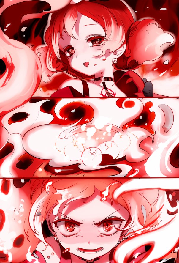 10s, 1girl, 3koma, bad_id, bad_twitter_id, comic, female_focus, fire, flame_flamey, mahou_shoujo_ikusei_keikaku, mahou_shoujo_ikusei_keikaku_restart, maruino, official_art, red_eyes, red_hair, red_theme, solo, twintails
