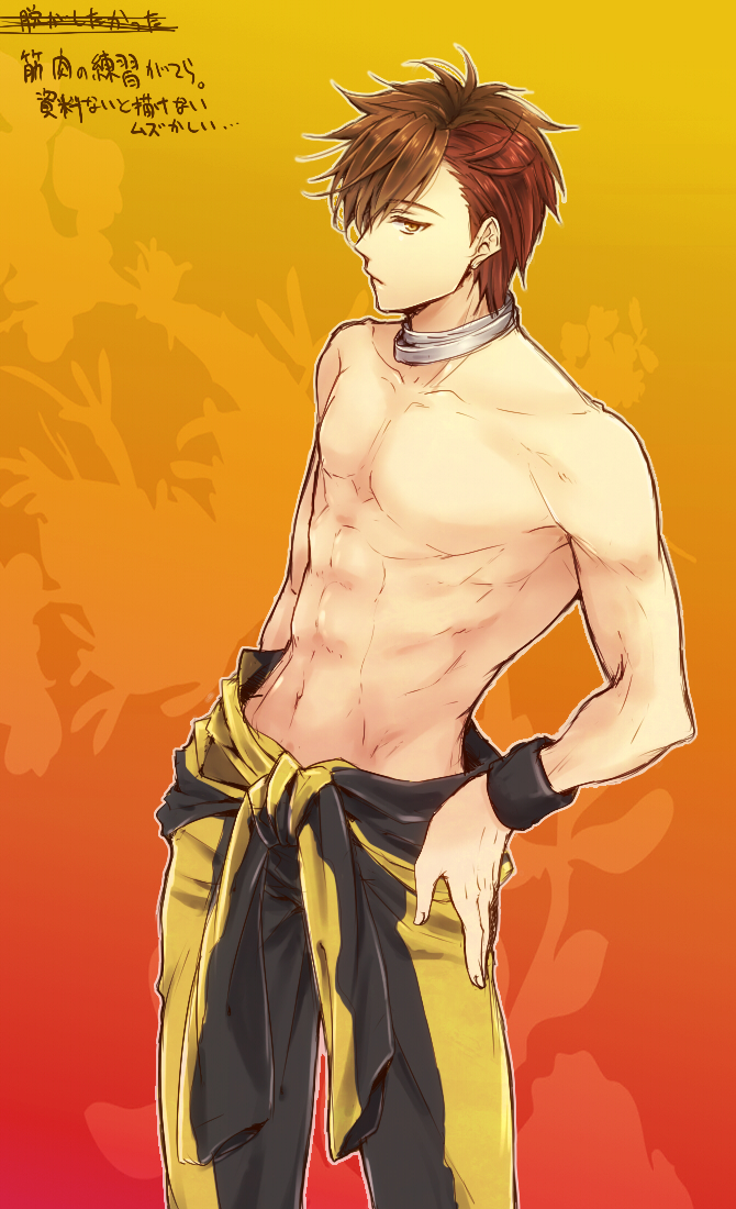 ..., 1boy, abs, alternate_costume, bracelet, brown_eyes, brown_hair, jewelry, kanade_(reveryearth), male_focus, multicolored_hair, navel, necklace, red_hair, sengoku_basara, shima_sakon_(sengoku_basara), topless_male, two-tone_hair, upper_body