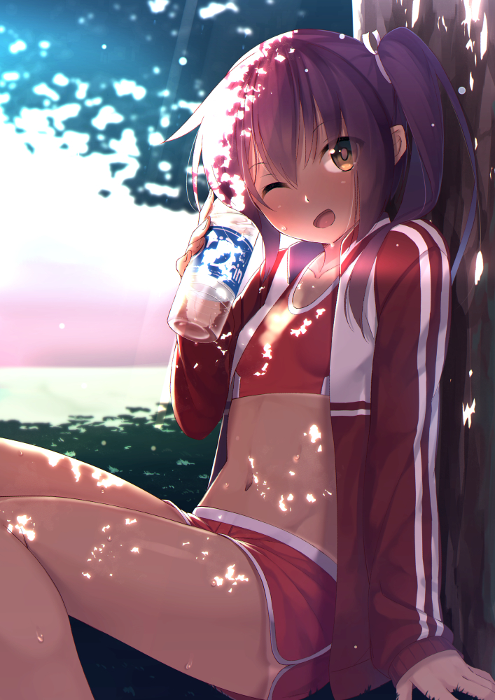 1girl, ;d, amanuki-san, blush, bottle, breasts, brown_hair, buruma