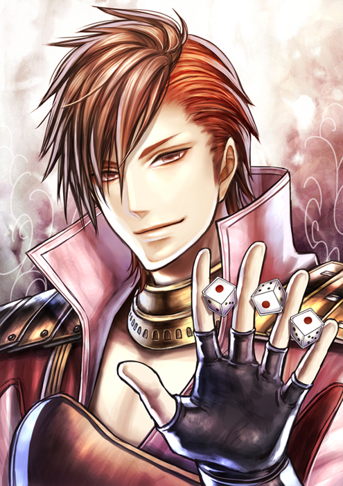 1boy, brown_eyes, brown_hair, dice, fingerless_gloves, gloves, haru_(toyst), jewelry