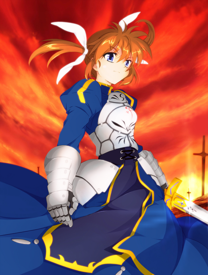 1girl, armor, armored_dress, artoria_pendragon_(fate), avan_kaiser, avankaisar, blouse, borrowed_weapon, brown_hair, cosplay, cowboy_shot, dress, excalibur_(fate/stay_night), fate/stay_night, fate_(series), female_focus, field_of_blades, highres, lyrical_nanoha, mahou_shoujo_lyrical_nanoha, planted, planted_sword, planted_weapon, purple_eyes, red_sky, saber_(fate), saber_(fate)_(cosplay), shirt, skirt, sky, solo, standing, sword, takamachi_nanoha, twintails, unlimited_blade_works_(reality_marble), weapon