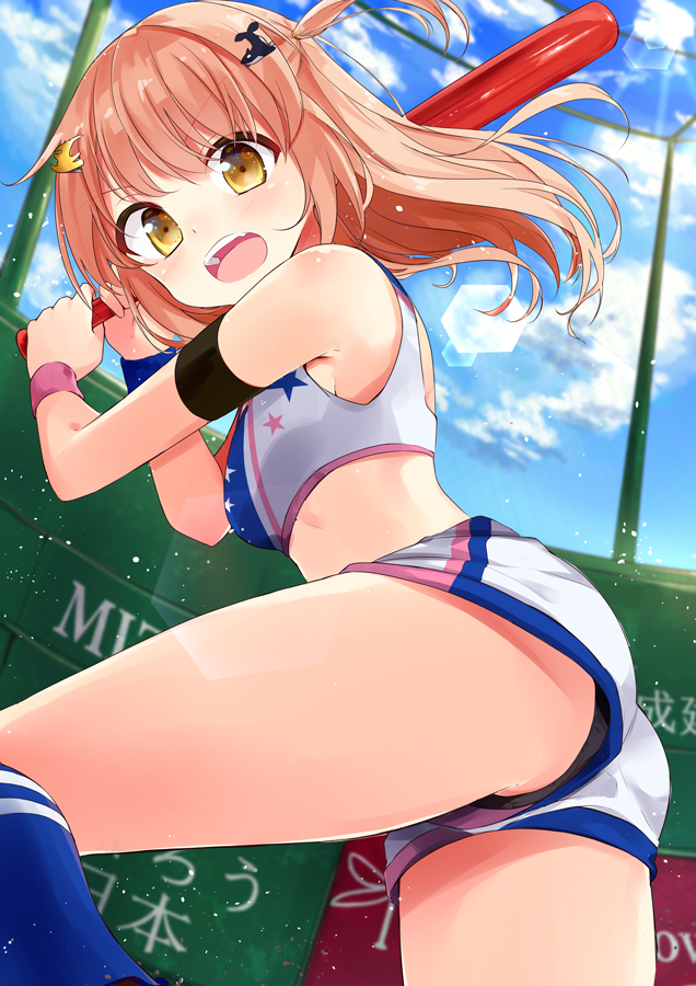 1girl, baseball_bat, baseball_uniform, black_panties, breasts, brown_eyes, cloud, cloudy_sky