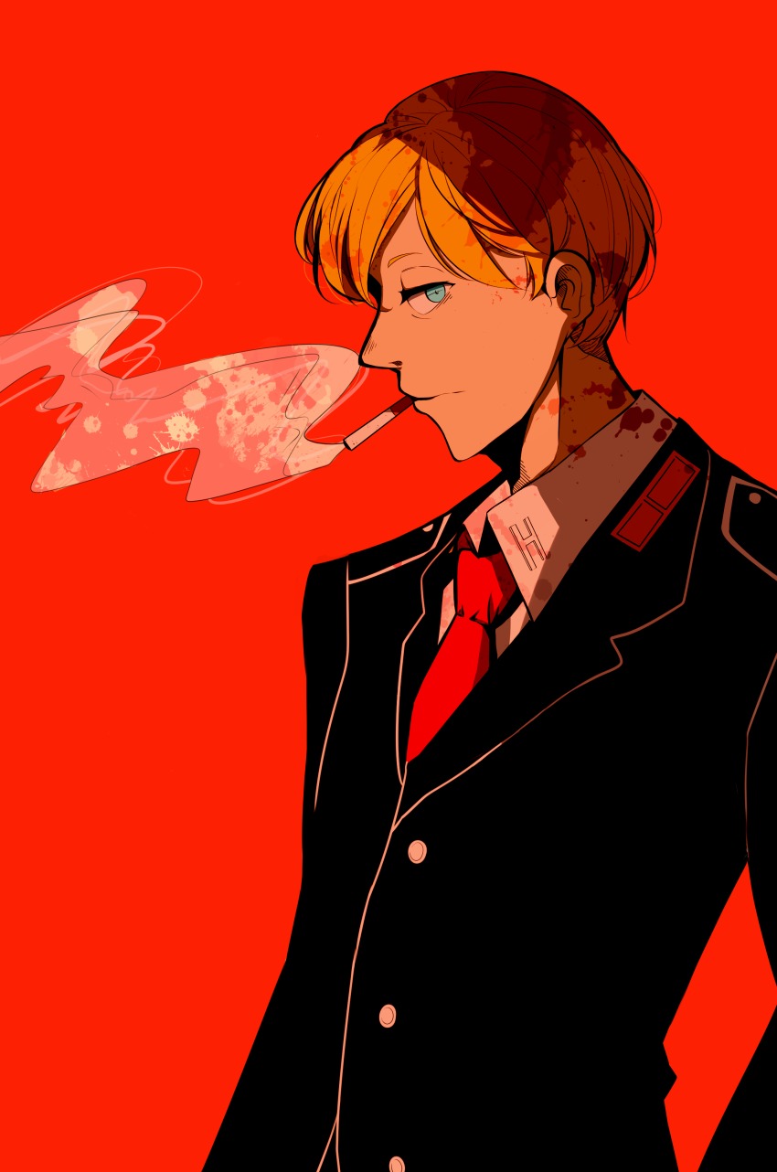 1boy, absurdres, acca_13-ku_kansatsu-ka, blonde_hair, blood, blood_on_clothes, blue_eyes, cigarette