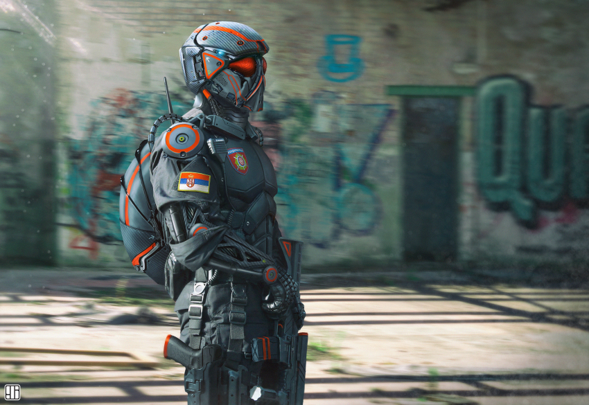 androgynous, armor, arrow_(symbol), blurry, commentary, day, depth_of_field, emblem