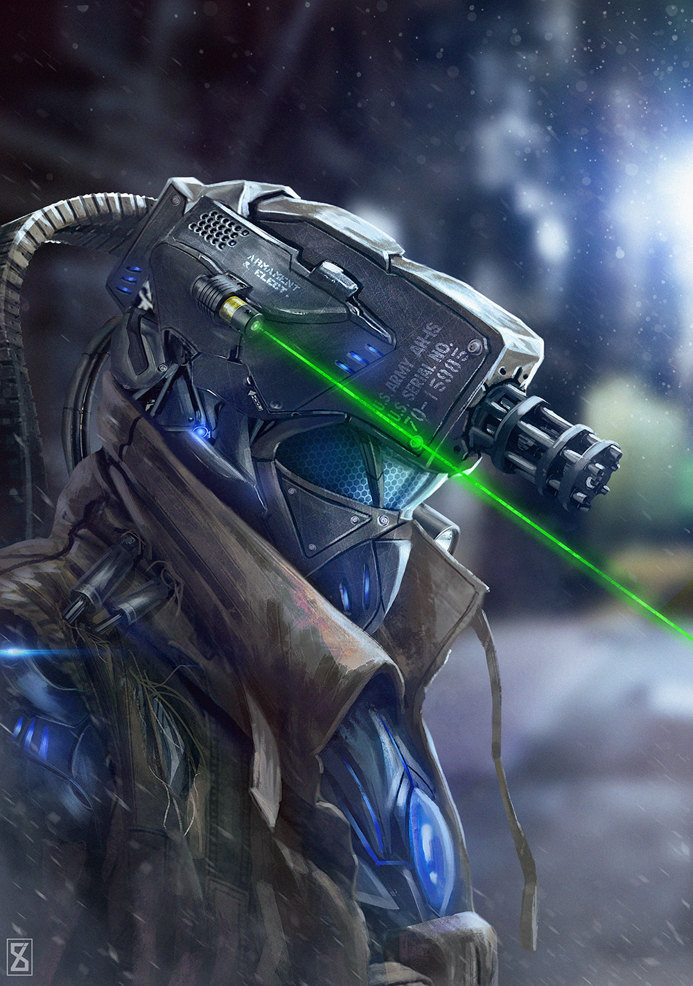 ammunition_belt, androgynous, blurry, commentary, depth_of_field, english_text, from_side, gatling_gun