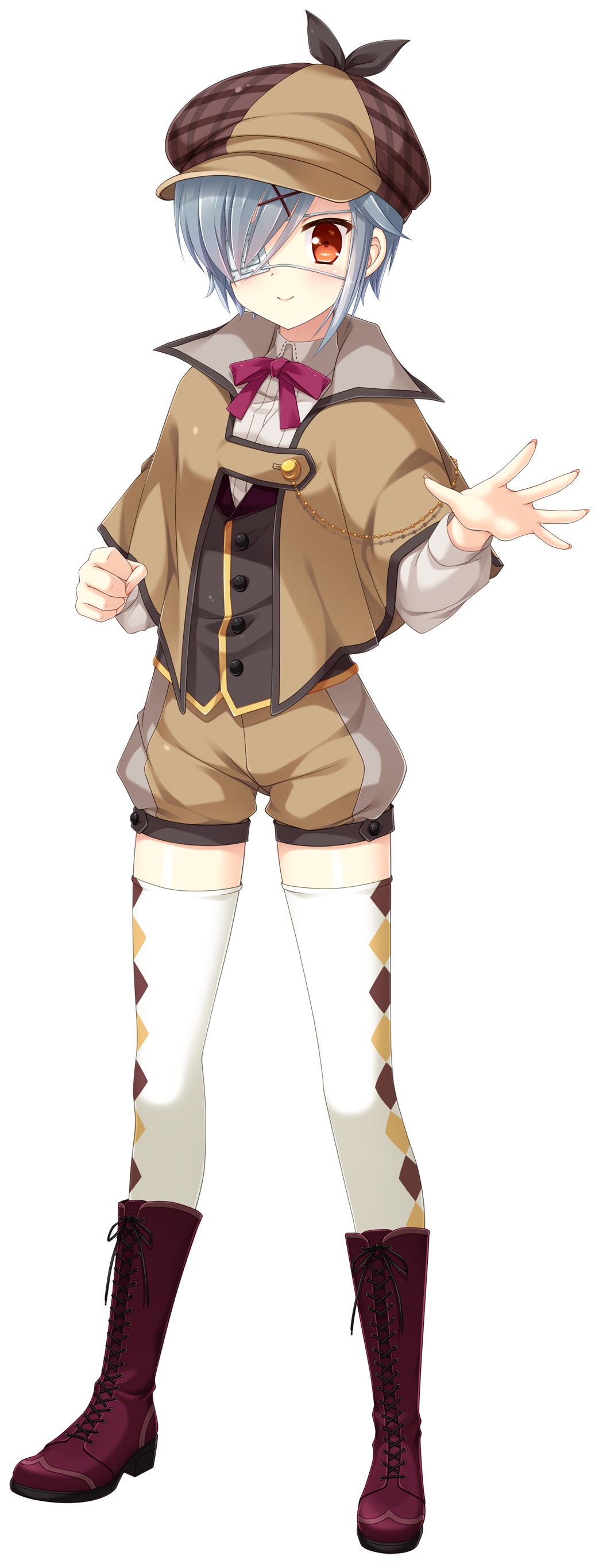 1girl, absurdres, argyle_clothes, argyle_thighhighs, boots, clenched_hand, deerstalker, detective