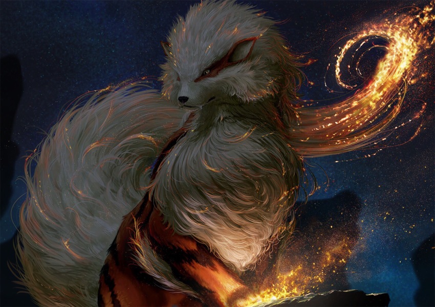 arcanine, body_fur, dekunobou_kizakura, dog, embers, fangs, fire, gen_1_pokemon