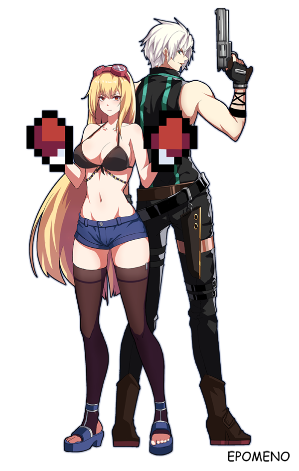 00s, 1boy, 1girl, back-to-back, bad_id, bad_pixiv_id, bare_shoulders, belt