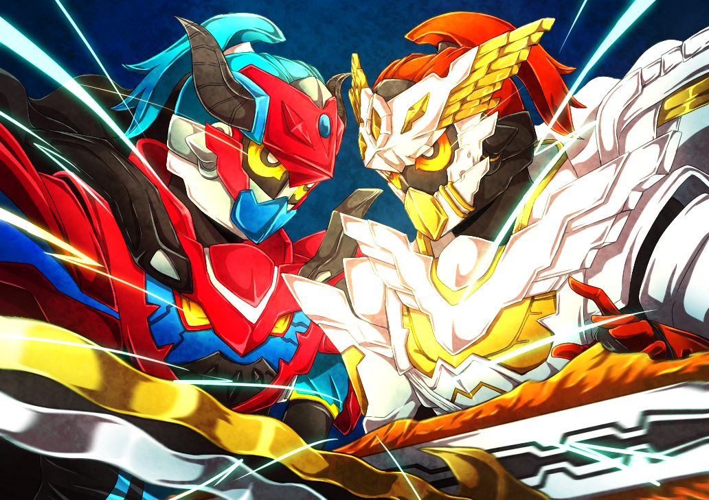 2boys, armor, bad_id, bad_pixiv_id, dark_persona, demon_horns, dual_persona, head_wings, helmet, horns, kamen_rider, kamen_rider_brave, kamen_rider_brave_(fantasy_gamer), kamen_rider_ex-aid_(series), kamen_rider_true_brave, looking_at_another, male_focus, multiple_boys, rei_(k-meteor-0427), sword, taddle_fantasy_level_50, taddle_legacy_level_50, weapon, wings, yellow_eyes