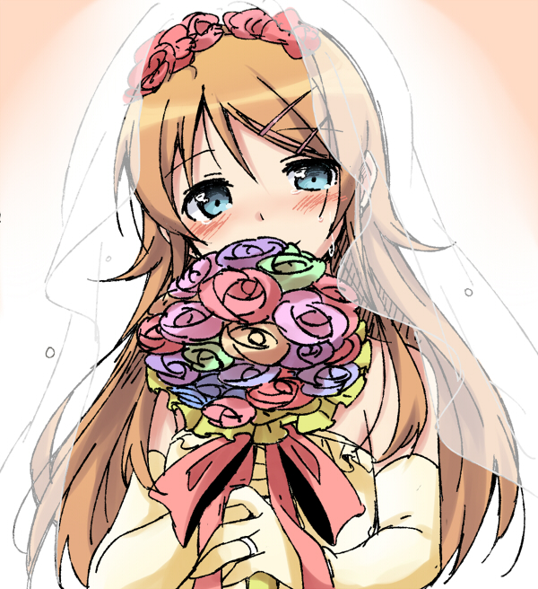 1girl, bare_shoulders, blonde_hair, blue_eyes, blush, bouquet, bridal_veil, bride, crying, crying_with_eyes_open, dress, elbow_gloves, female_focus, flower, gloves, hair_ornament, hairclip, happy, happy_tears, holding, holding_bouquet, jewelry, kousaka_kirino, long_hair, looking_at_viewer, ore_no_imouto_ga_konna_ni_kawaii_wake_ga_nai, pink_background, ring, sketch, smile, solo, sudachi_(calendar), tears, veil, wedding_dress, yellow_wedding_dress