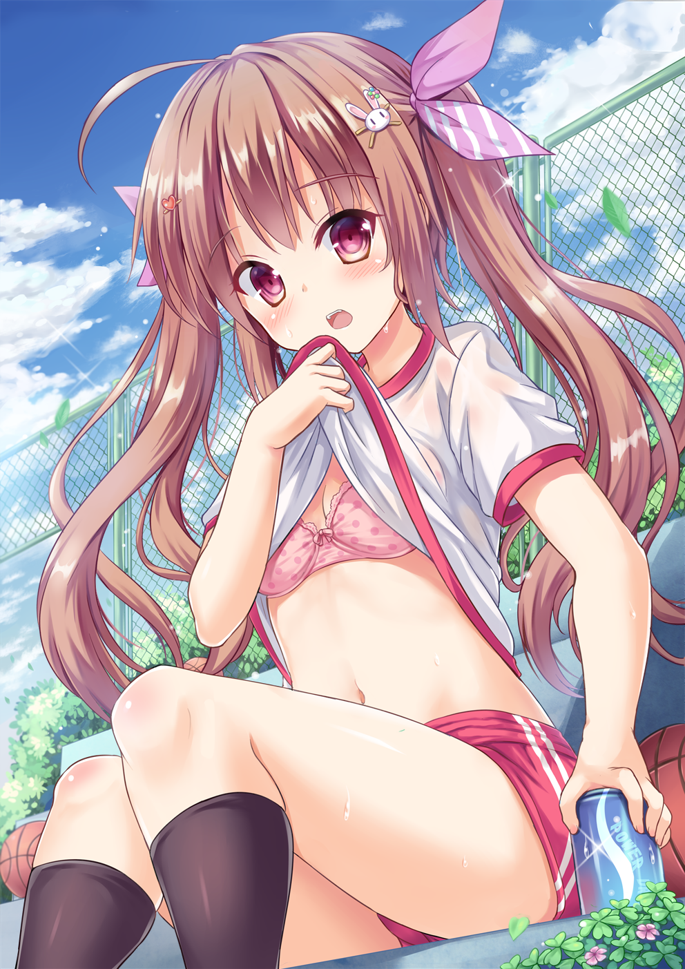 1girl, ahoge, ball, basketball, basketball_(object), black_legwear, blonde_hair, blush, bow, bow_bra, bra, clothes_lift, fang, female_focus, hair_ornament, hairclip, highres, loli, long_hair, milkshakework, navel, open_mouth, original, outdoors, pink_bra, pink_eyes, polka_dot, polka_dot_bra, rabbit_hair_ornament, shirt_lift, solo, sportswear, top_of_moe_2017, twintails, underwear, wet, wet_clothes, x_hair_ornament