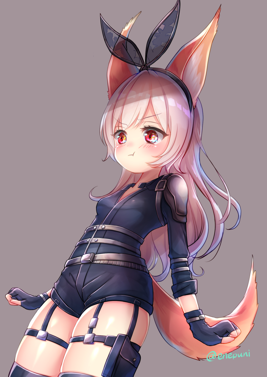 1girl, animal_ears, annoyed, belt, black_thighhighs, blonde_hair, bodysuit, child