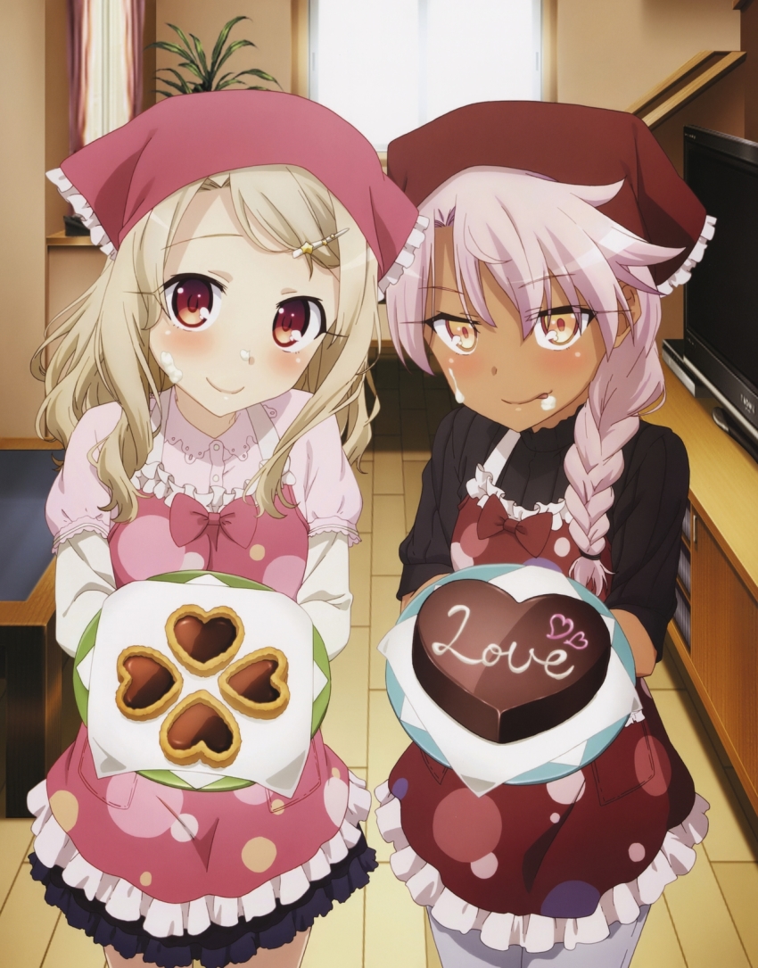 2girls, :p, apron, asymmetrical_hair, black_skirt, blonde_hair, bow, braid, brown_headscarf, candy, chloe_von_einzbern, chocolate, chocolate_heart, cream, cream_on_face, dark-skinned_female, dark_skin, fate/kaleid_liner_prisma_illya, fate_(series), food, food_on_face, grey_pants, hair_between_eyes, hair_ornament, hairclip, head_tilt, headscarf, heart, highres, illyasviel_von_einzbern, indoors, long_hair, looking_at_viewer, multiple_girls, official_art, pants, pink_bow, pink_hair, red_bow, red_eyes, red_headscarf, side_braid, skirt, smile, standing, television, tongue, tongue_out, window, wooden_floor, yellow_eyes