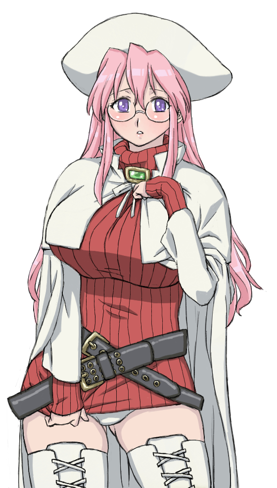 1girl, aty, aty_(cosplay), aty_(summon_night), aty_(summon_night)_(cosplay), bad_id, bad_pixiv_id, belt, belt_skirt, breasts, cosplay, female_focus, glasses, hat, hisakawa_riho, hishagawariho, huge_breasts, long_hair, lucky_star, panties, pink_hair, purple_eyes, solo, summon_night, summon_night_3, sweater, takara_miyuki, thighhighs, underwear, zettai_ryouiki
