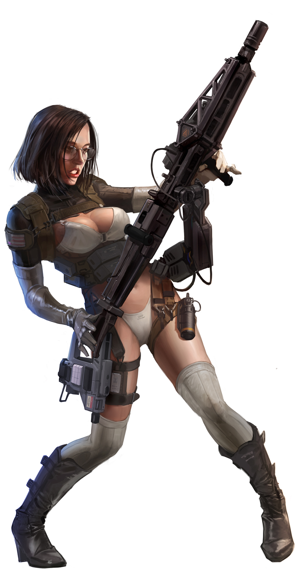 1girl, alien_(series), aliens_(1986), black_hair, boots, bra, breasts, cable, caseless_firearm, cleavage, clenched_teeth, electronic_firearm, explosive, female_focus, forehead, full_body, glasses, gloves, grenade, grey_thighhighs, gun, hand_grenade, harness, heavy_machine_gun, high_heel_boots, high_heels, highleg, highleg_panties, highres, holding, holding_gun, holding_weapon, holster, knee_boots, legs, m56_smartgun, machine_gun, medium_breasts, nose, original, panties, parted_bangs, parted_lips, qi_wu, realistic, revealing_clothes, ribbed_legwear, simple_background, solo, teeth, thigh_holster, thigh_strap, thighhighs, underwear, weapon, white_background, white_bra, white_panties
