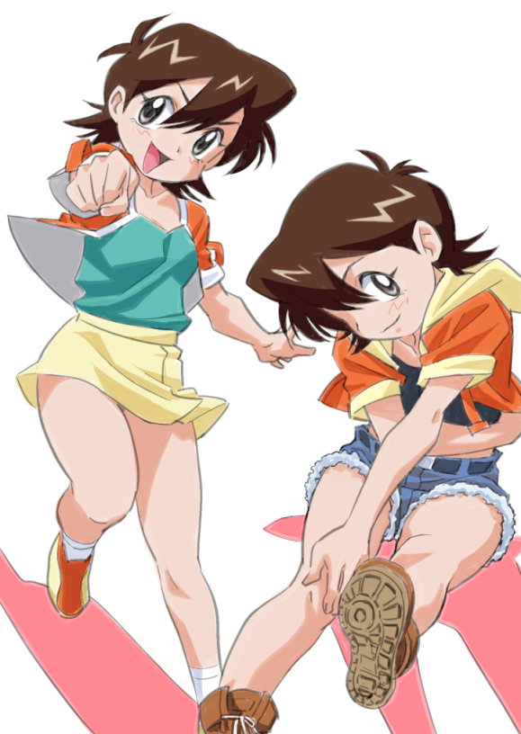 1girl, bakuten_shoot_beyblade, bare_legs, belt, beyblade, black_shirt, blush, breasts, brown_eyes, brown_hair, clothes_lift, cutoffs, denim, denim_shorts, female_focus, happy, looking_at_viewer, miniskirt, navel, shirt, shirt_lift, shoes, short_shorts, shorts, simple_background, skirt, tachibana_hiromi, white_background, yellow_skirt