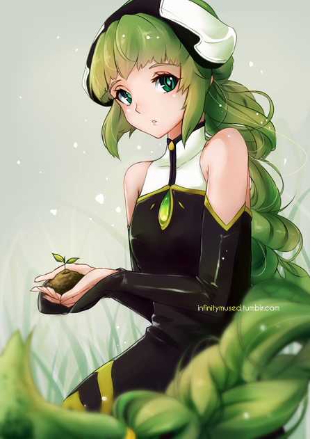 1girl, artist_name, braid, female_focus, grass, green_eyes, green_hair, hat