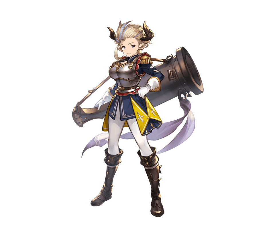 10s, 1girl, anissida, armor, blonde_hair, blue_eyes, boots, breastplate, cannon, detached_sleeves, draph, epaulettes, female_focus, full_body, gloves, granblue_fantasy, hand_on_own_hip, horns, knee_boots, light_purple_hair, looking_at_viewer, minaba_hideo, multicolored_hair, official_art, pants, pointy_ears, short_hair, smile, solo, standing, transparent_background, uniform, weapon, white_gloves