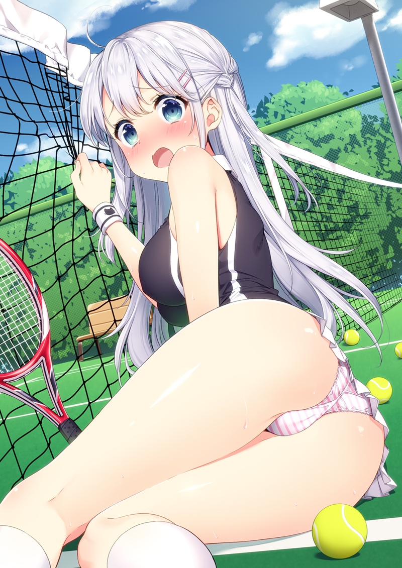 1girl, ahoge, ass, bad_anatomy, ball, bench, blue_eyes, blush, breasts, cloud, day, embarrassed, female_focus, hair_ornament, hairclip, kneehighs, long_hair, looking_at_viewer, lying, masuishi_kinoto, medium_breasts, net, open_mouth, original, outdoors, panties, racket, shima_(shima_je), silver_hair, skirt, socks, solo, sportswear, striped_clothes, striped_panties, tennis_ball, tennis_court, tennis_racket, tennis_uniform, top_of_moe_2017, underwear, white_panties, white_skirt, white_socks, wrist_cuffs
