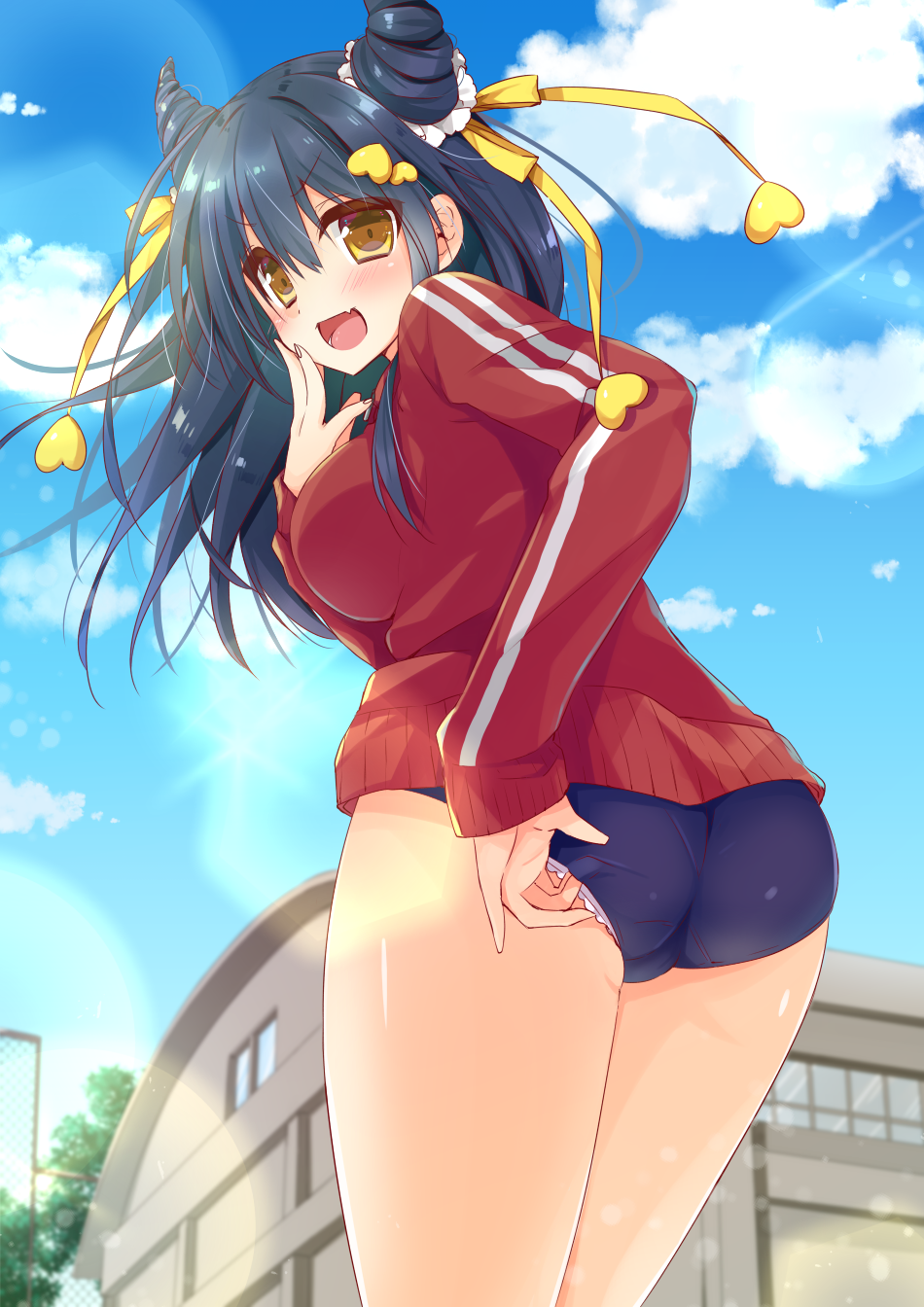 >:d, 1girl, :d, adjusting_buruma, adjusting_clothes, ass, bad_id, bad_pixiv_id
