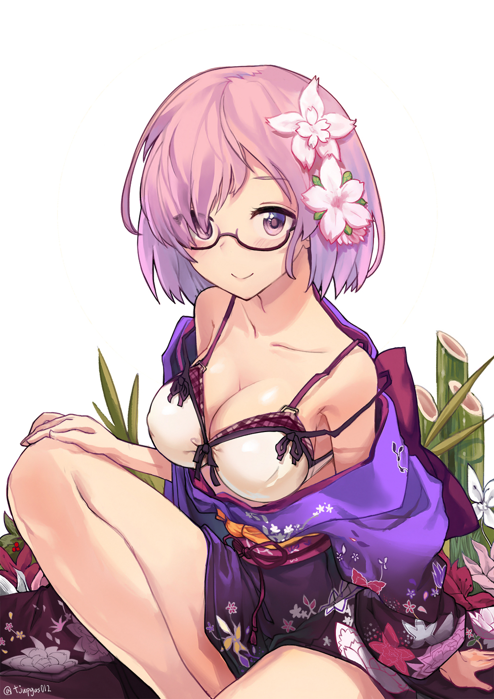 1girl, bad_id, bad_pixiv_id, bare_legs, bikini, bikini_top_only, blush, bra, breasts, cleavage, clothes_down, clothes_lift, commentary_request, fate/grand_order, fate_(series), female_focus, floral_print, flower, glasses, hair_flower, hair_ornament, hair_over_one_eye, highres, japanese_clothes, kimono, kimono_lift, kimono_pull, large_breasts, looking_at_viewer, mash_kyrielight, mash_kyrielight_(grand_new_year), official_alternate_costume, purple_bra, purple_eyes, purple_hair, sash, short_hair, simple_background, sjh, smile, solo, strap_slip, swimsuit, twitter_username, underwear, white_background, white_bikini