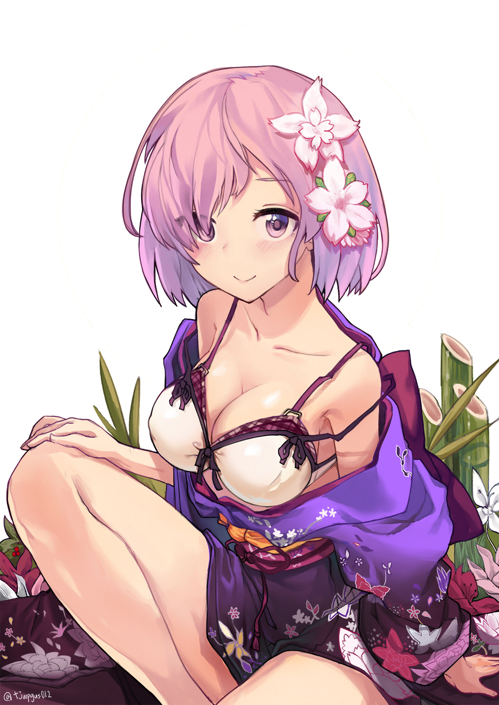 1girl, bad_id, bad_pixiv_id, bare_legs, bikini, bikini_top_only, blush, bra, breasts, cleavage, clothes_down, clothes_lift, commentary_request, fate/grand_order, fate_(series), female_focus, floral_print, flower, hair_flower, hair_ornament, hair_over_one_eye, highres, japanese_clothes, kimono, kimono_lift, kimono_pull, large_breasts, looking_at_viewer, mash_kyrielight, mash_kyrielight_(grand_new_year), no_eyewear, official_alternate_costume, purple_bra, purple_eyes, purple_hair, sash, short_hair, simple_background, sjh, smile, solo, strap_slip, swimsuit, twitter_username, underwear, white_background, white_bikini