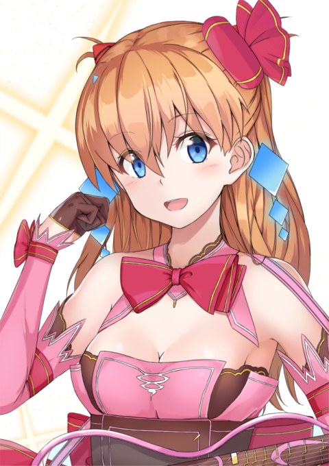 1girl, alternate_costume, blue_eyes, blush, bow, bowtie, breasts, brown_gloves, cleavage, cosplay, female_focus, gloves, hair_ribbon, kai-ri-sei_million_arthur, long_hair, looking_to_the_side, makoto_(bk69and7), million_arthur_(series), neon_genesis_evangelion, open_mouth, orange_hair, pink_ribbon, red_bow, ribbon, smile, solo, souryuu_asuka_langley, utahime_arthur