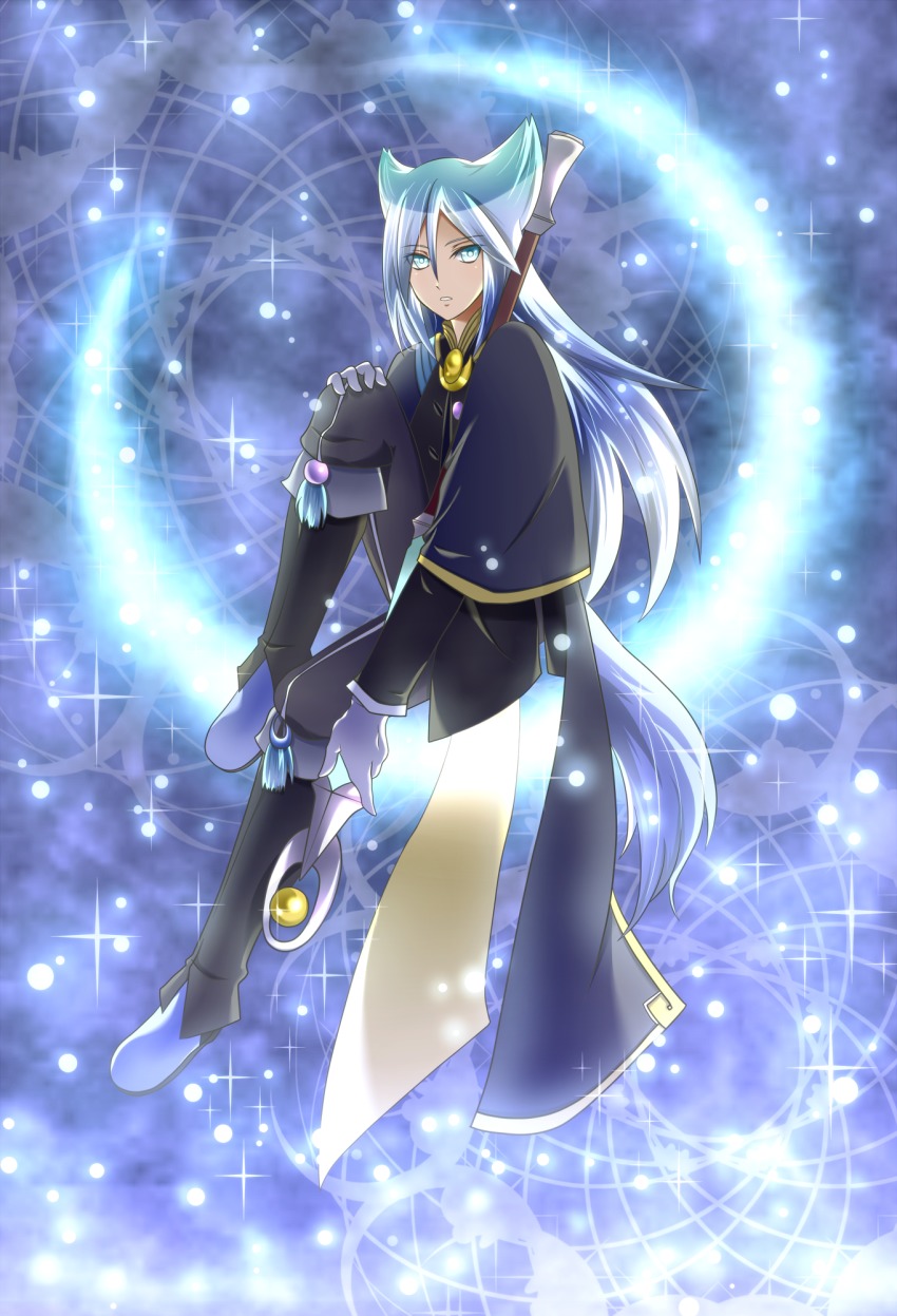 1boy, blue_eyes, blue_hair, boots, capelet, gloves, highres, long_hair, male_focus, moon, nahato_(tales), namco, quatam, sitting, solo, sparkle, staff, tail, tales_of_(series), tales_of_the_world, tales_of_the_world_reve_unita, teeth