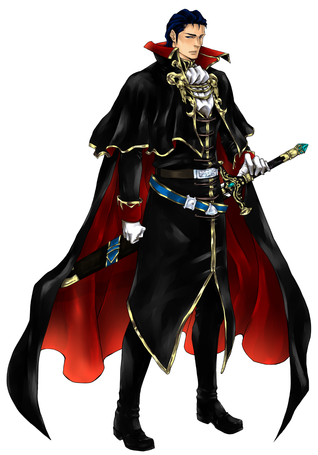 1boy, aska_makoto, belt, blue_eyes, blue_hair, boots, capelet, fire_emblem