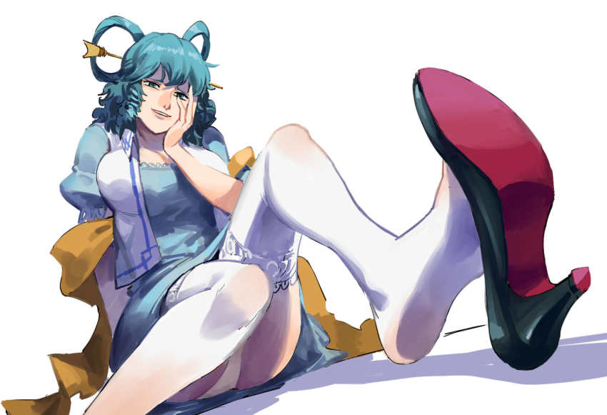 1girl, arm_behind_back, black_shoes, blue_dress, blue_eyes, blue_hair, breasts, cleavage