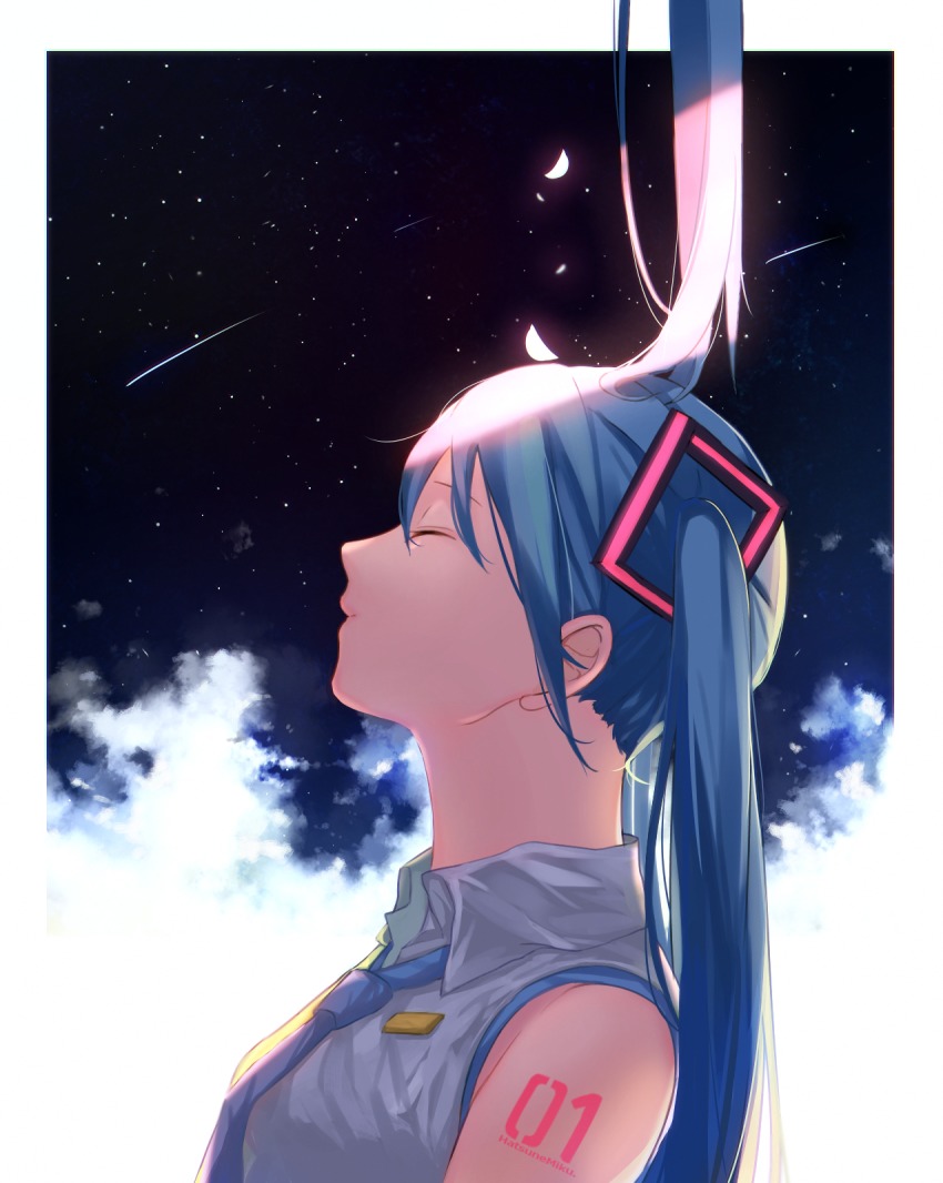 1girl, blue_hair, blue_necktie, border, closed_eyes, closed_mouth, cloud, collared_shirt