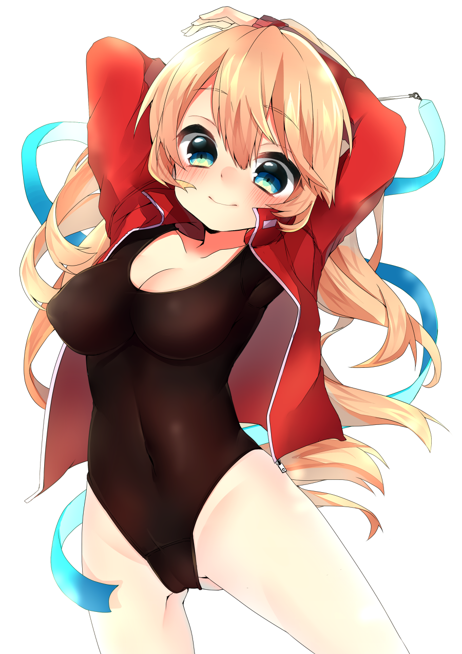 1girl, 3:, arm_behind_head, arms_up, athletic_leotard, black_leotard, blonde_hair, blue_eyes