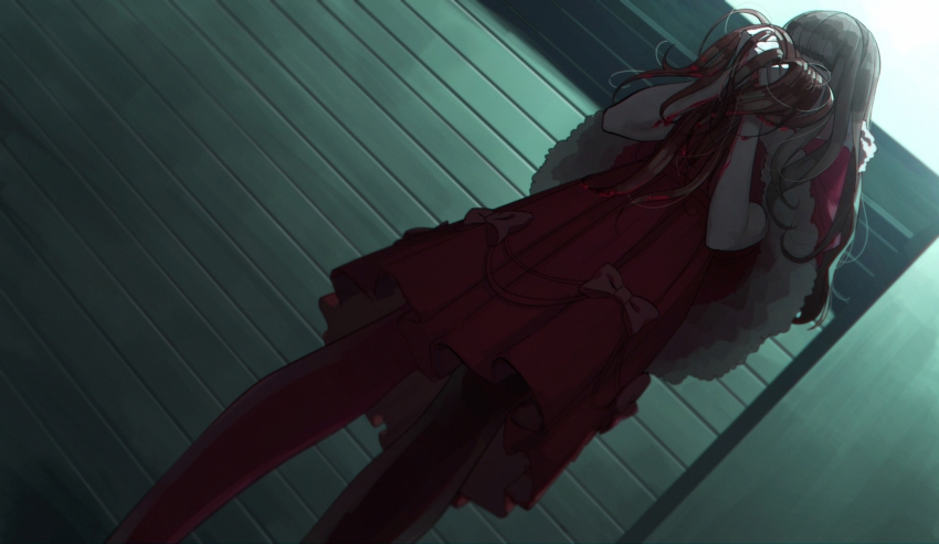 10s, 1girl, aconitea, asymmetrical_legwear, black_legwear, blood, bow, brown_hair