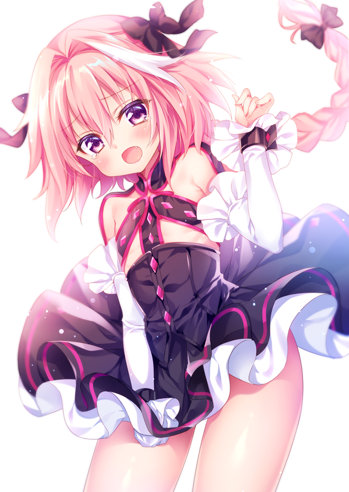 10s, 1boy, :d, astolfo_(fate), black_dress, blush, braid, cosplay, costume_switch, detached_sleeves, dress, elizabeth_bathory_(fate), elizabeth_bathory_(fate/extra), elizabeth_bathory_(first_ascension)_(fate), fang, fate/apocrypha, fate/extra, fate/extra_ccc, fate_(series), hair_ribbon, lancer_(fate/extra_ccc)_(cosplay), layered_dress, long_hair, looking_at_viewer, male_focus, mitsuba_choco, ookubo_rumi, open_mouth, pink_hair, purple_eyes, ribbon, single_braid, smile, solo, tears, trap, voice_actor_connection, white_background, wrist_cuffs