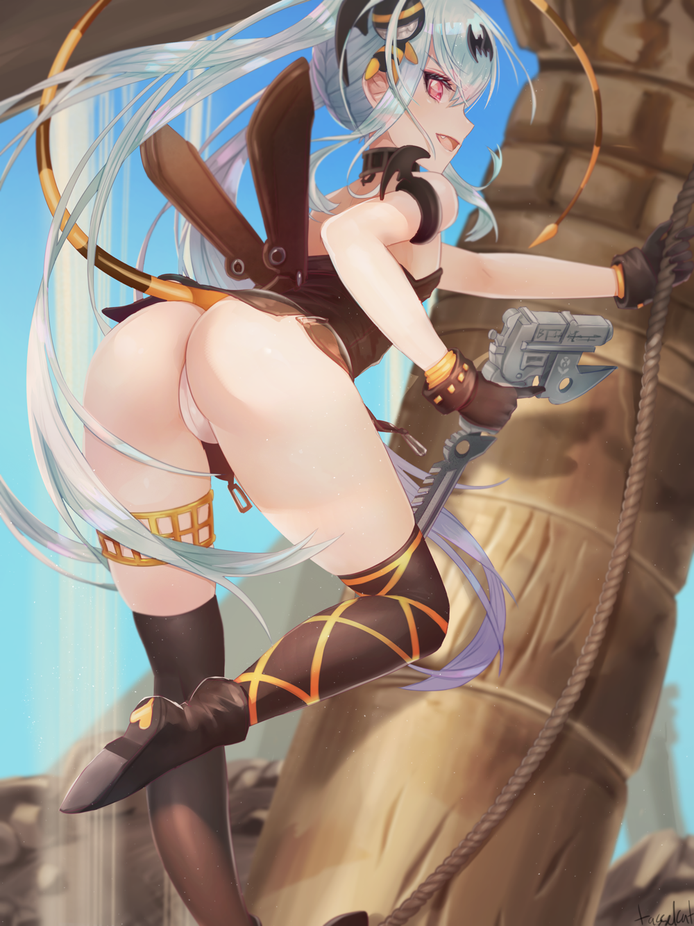 >:d, 1girl, :d, alice_(queen's_gate), armlet, ass, bat_hair_ornament, bent_over, black_socks, blue_hair, blush, brown_dress, brown_gloves, detached_collar, dress, fang, female_focus, flat_chest, from_behind, gloves, gunblade, hair_ornament, highres, holding, holding_weapon, jewelry, kneehighs, long_hair, looking_at_viewer, looking_back, open_mouth, panties, profile, queen's_blade, queen's_gate, red_eyes, rope, short_dress, smile, socks, solo, tail, tasselcat, thighhighs, twintails, underwear, v-shaped_eyebrows, very_long_hair, weapon, white_panties