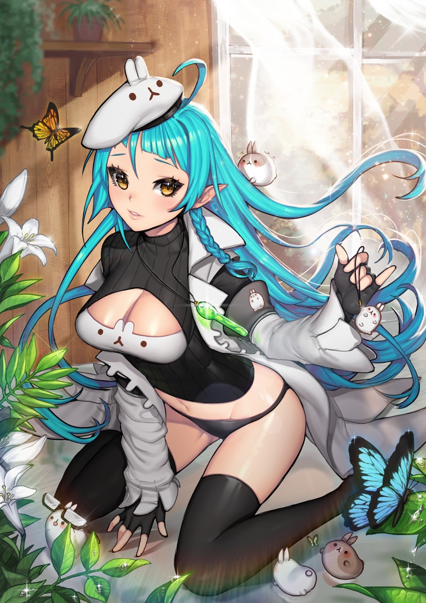 1girl, animal_hat, black_gloves, black_panties, black_thighhighs, blue_hair, bra, breasts