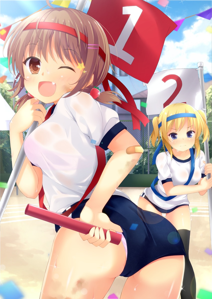 >:(, 2girls, ;d, adjusting_clothes, ass, bandaid, baton, black_legwear