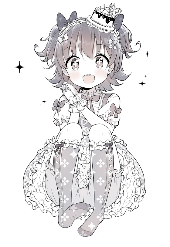 +_+, 10s, 1girl, :d, akagi_miria, blush, bow, cake-shaped_hat