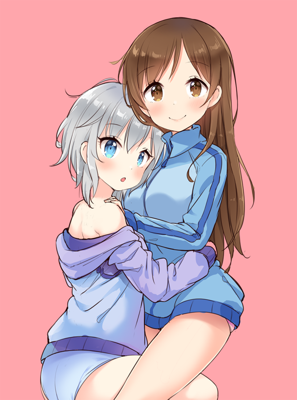 10s, 2girls, anastasia_(idolmaster), bare_shoulders, blue_eyes, blush, brown_eyes, brown_hair