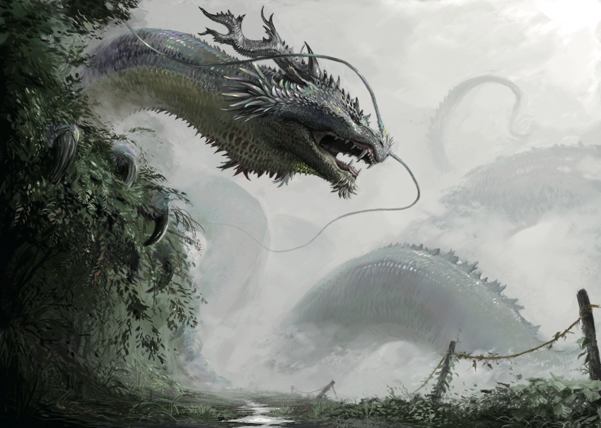 claws, dragon, eastern_dragon, fog, giant, highres, horns, nature