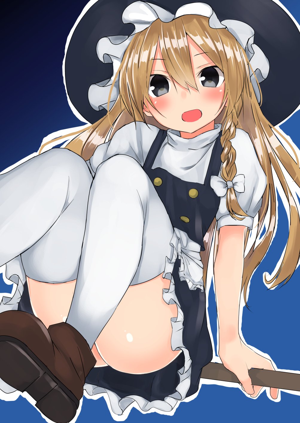 1girl, :d, ankle_boots, apron, ass, black_eyes, blonde_hair, blush