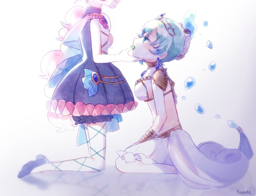 10s, 2girls, bad_id, bad_twitter_id, bikini, bikini_top_only, blue_eyes, blue_hair, bluebell_candy, candy, chain, eating, feeding, food, grabbing_another's_chin, hand_on_another's_chin, head_out_of_frame, kneeling, mahou_shoujo_ikusei_keikaku, multiple_girls, open_mouth, pink_hair, princess_deluge, short_hair, sitting, skirt, sleeveless, smirk, swimsuit, tiara, yunare, yuri