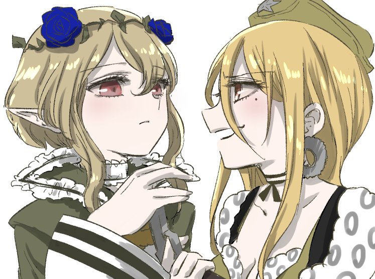 10s, 2girls, blonde_hair, calamity_mary, cranberry_(mahoiku), elf, flower, gun